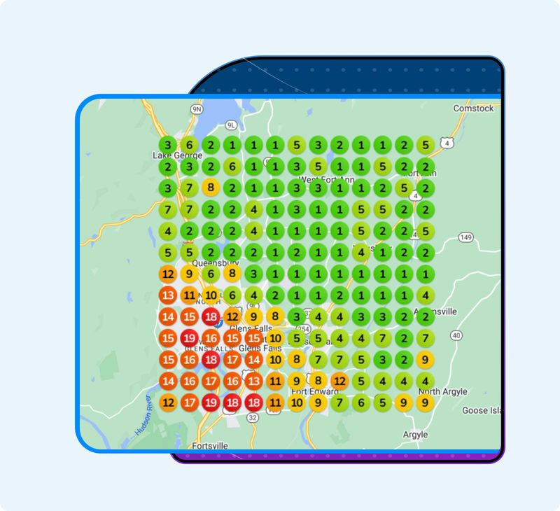 Geographic local search ranking heatmap across a service area
