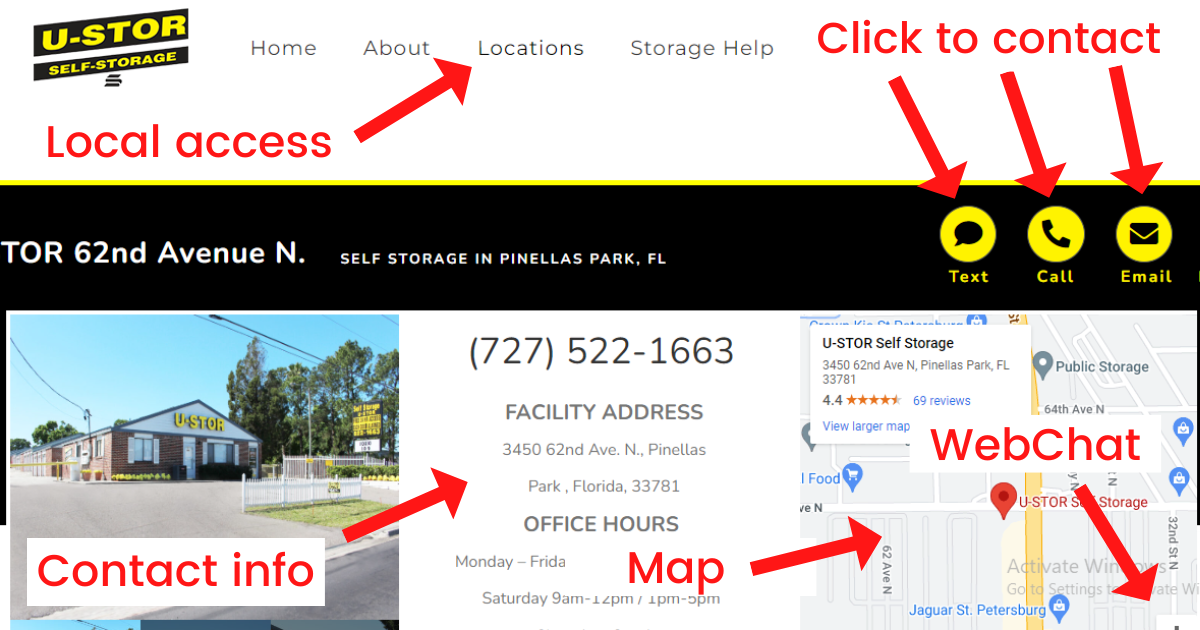 website screenshot of U-Stor Self Storage with red arrows pointing to contact information