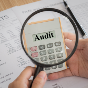 magnifying glass hovering over a calculator saying audit