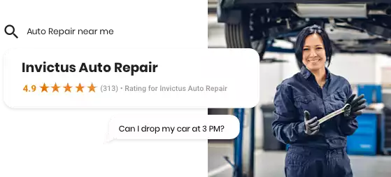 auto repair technician working on vehicle with graphic of 5-star online reviews
