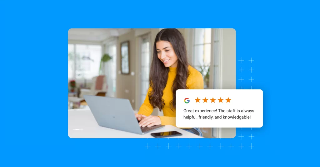 young woman looking at 5-star review dingo google seller ratings