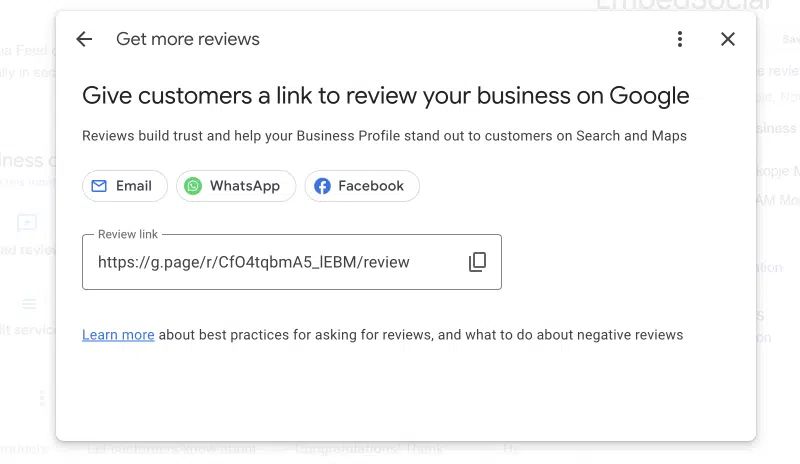 screenshot of where to copy Google review link