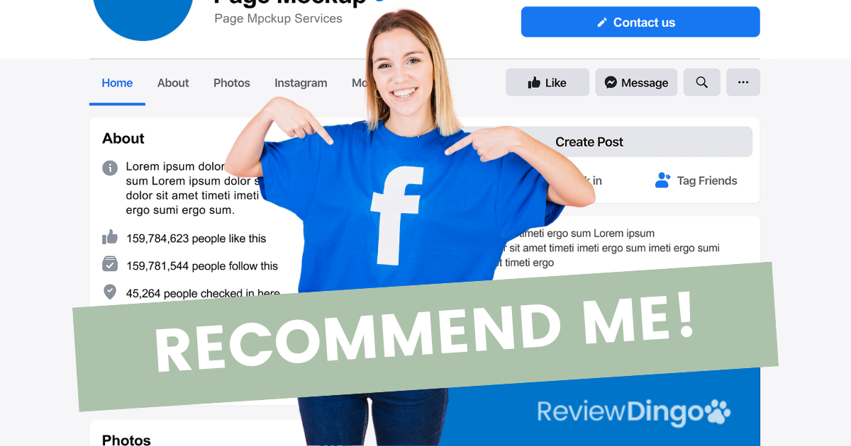 woman business owner wearing a blue t-shirt with a white "F"  Facebook logo asking for Facebook recommendations