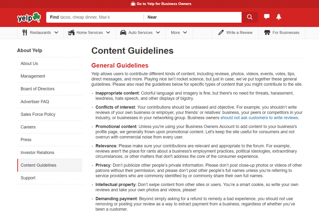 screenshot of Yelp guidelines