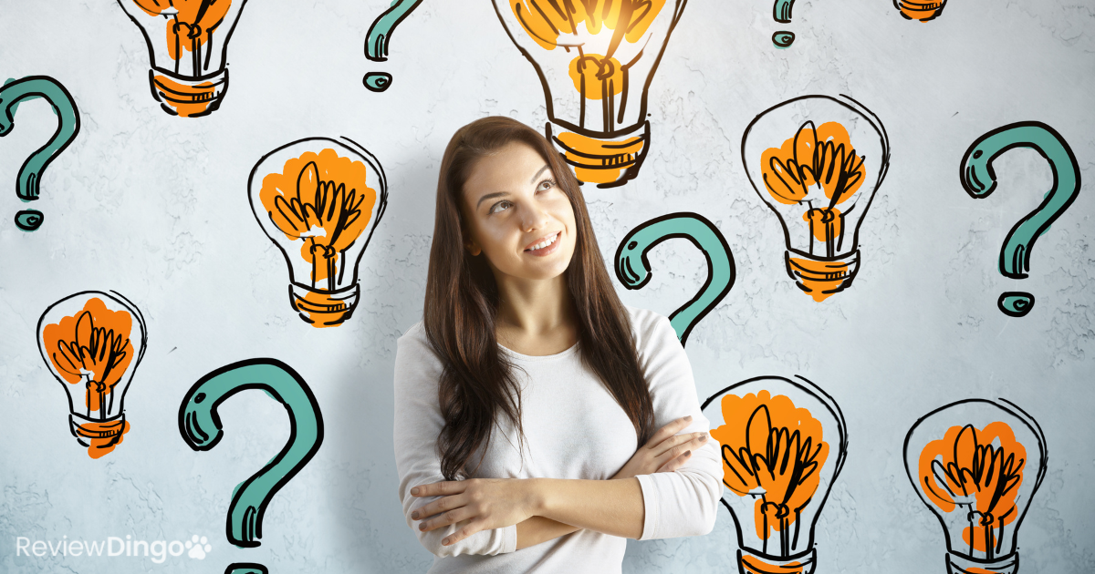 woman surrounded by question marks and light bulbs needing answers from Review Dingo FAQ