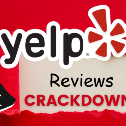 Yelp logo with arrow pointing to the words Yelp reviews crackdown