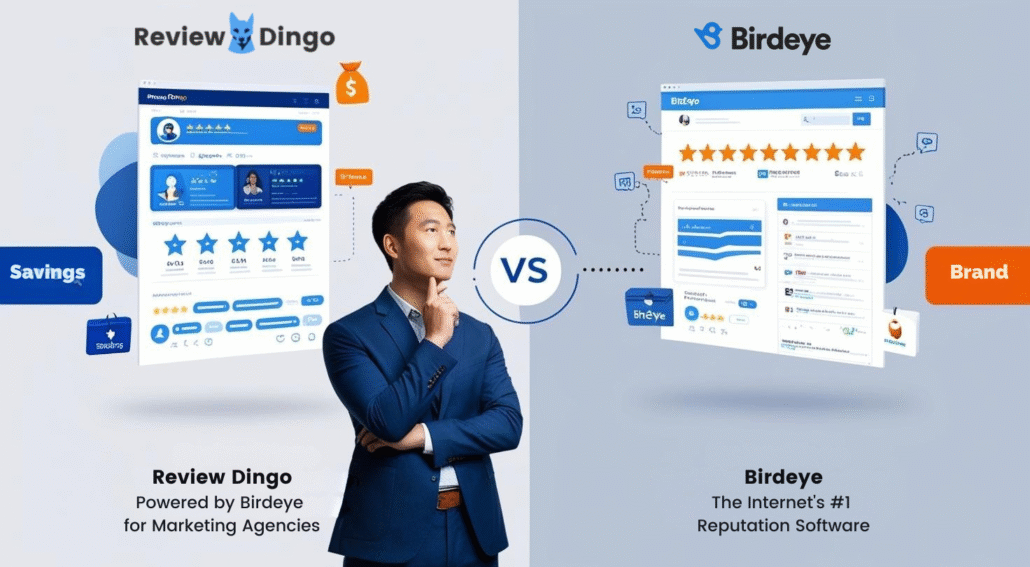 Review Dingo vs Birdeye Review Dingo vs Birdeye graphic comparing the two reputation management platforms side-by-side with man in suit weighing the differences