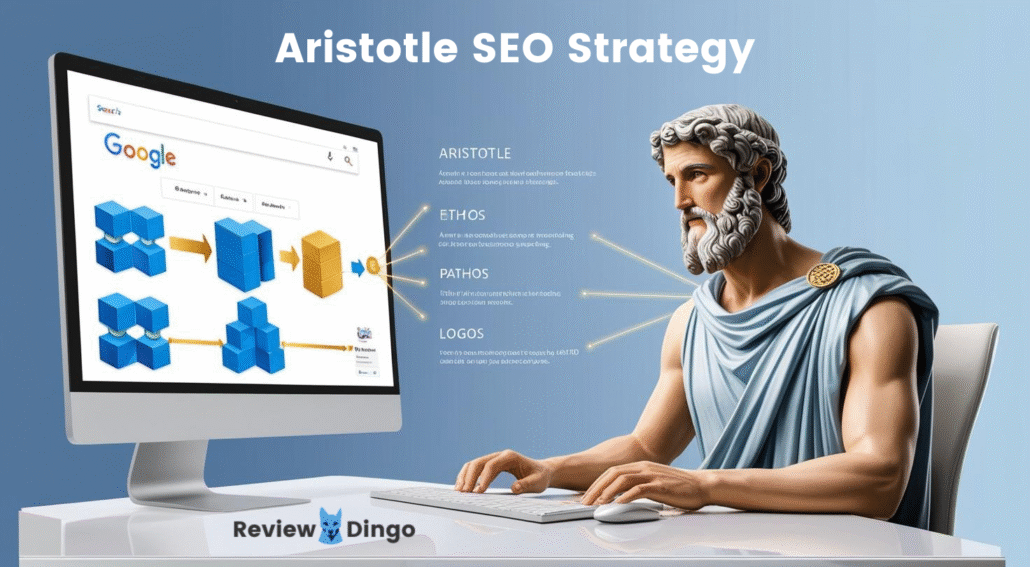 Aristotle sitting at a desk typing on a keyboard with the title Aristotle SEO Strategy